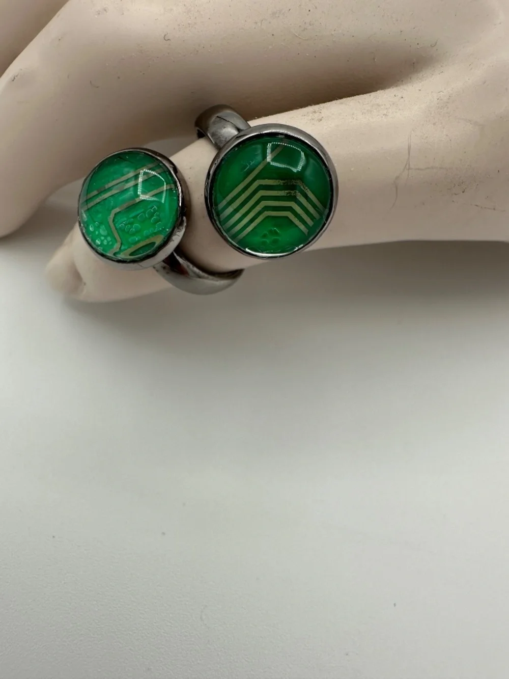 Adjustable Bypass Ring Dual-Cabochon Design Upcycled Green Circuit Boards